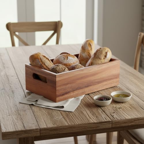 Akasya Ağacı Ekmeklik & Çok Amaçlı Organizer Kutu – 25x14x8 cm El Yapımı Doğal Ahşap Servis Tepsisi | Mutfak, Banyo, Ofis ve Ev Düzenleyici Kutu | Kulplu Dekoratif Ahşap Kutu - Görsel 3