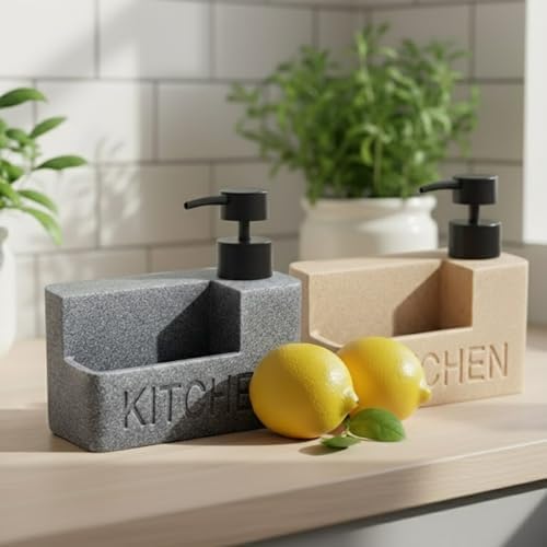 Mermer Desenli Polyresin Sıvı Sabunluk | Entegre Sünger Bölmeli | Modern, Şık ve Dayanıklı Mutfak Organizeri (Antrasit)