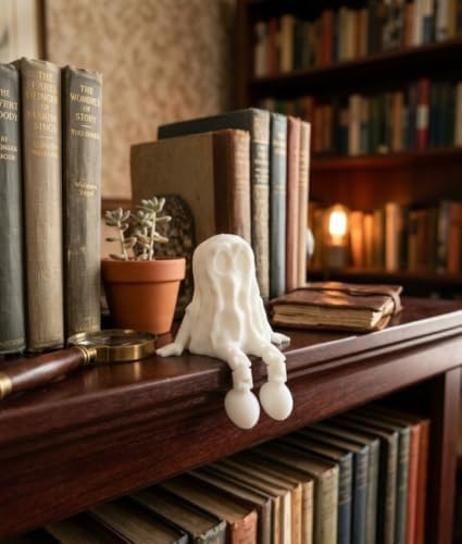 3D Baskı Hayalet Raf Figürü – Masa, Monitör, Kitaplık ve Sehpa Kenarı için Sevimli Sallanan Bacaklı Hayalet Dekor | Ev ve Ofis Süsü | Beyaz