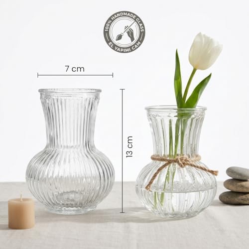 Pure Model El Yapımı Üfleme Cam Küçük Vazo - Şeffaf Optikli Dekoratif Çiçeklik 13x7 cm - Görsel 2