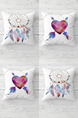 Kalp ve Dream Catcher Desenli Gizli Fermuarlı Kırlent Kılıfı Koltuk Yastık Kılıfı Takım(4ADET), Mor-Pembe-Beyaz 45 x 45