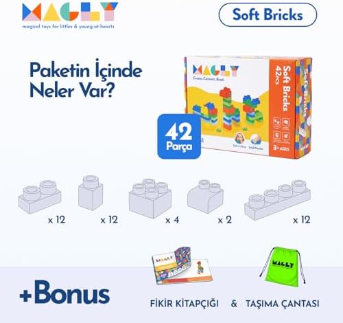 Magly Soft Bricks Yumuşak Yapı Blokları - Çocuklar İçin Renkli Esnek 42 Parça Yapı Blok Seti