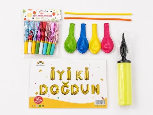 DORDOİ 26 Parça İYİ Ki DOĞDUN Parti Seti – Folyo Harf Balon, Balon Şişirme Pompası, Kaynana Dili ve Balonlu Doğum Günü Süsleme Seti