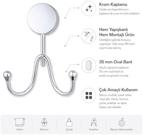 Alternative view of İris Krom Kaplama İkili Askılık, Yapışkanlı ve Vidalı Montajlı Duvar Askısı, Banyo Mutfak Antre İçin