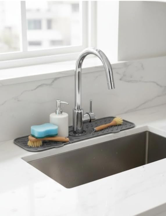 Silikon Lavabo Matı, Mutfak ve Banyo Evye Çevresi Organizeri, Gri