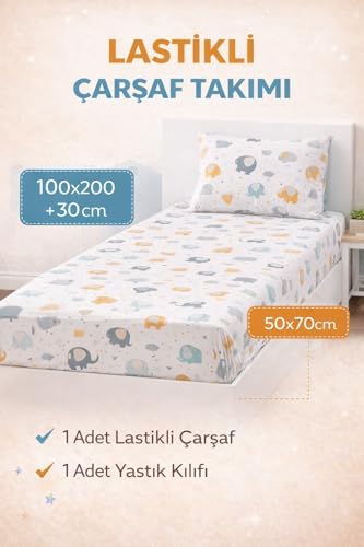 Alternative view of Lastikli Çarşaf Lüks%80 Pamuklu Tek Kişilik Takımı Çocuk Ayı desen +1 Adet%80 pamuklu Hayavan-Fil Desenli Yastık kılıflı