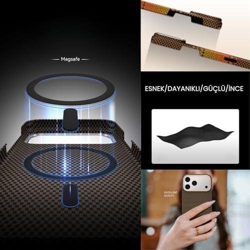 MagSafe Uyumlu Telefon Kılıfı, Kevlar Görünümlü, İnce Tasarım, Kablosuz Şarj Destekli İphone 16 Pro (Kahverengi) - Görsel 3