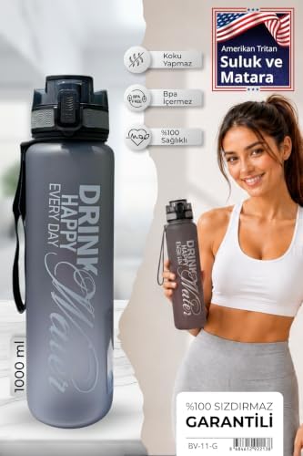Alternative view of Su Matarası 1L - BPA İçermez Tritan Motivasyonel Suluk - Okul - Spor - Kamp - Pro Matara (SİYAH)