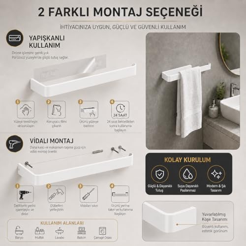 Beyaz Lamalı Havlu Askısı, Paslanmaz Çelik Banyo Havluluğu, Hem Yapışkanlı Hem Vidalı Montajlı, Duvar Tipi Modern Havlu Barı