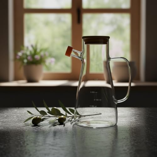1 Adet 900 ML Bambu Kapaklı Borosilikat Cam Yağlık ve Sirkelik, Isıya Dayanıklı ve Ölçekli Tasarım, Damlatmaz Ağızlı Modern Mutfak Sosluk Şişesi