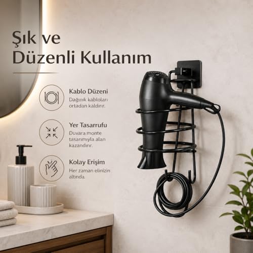 Siyah Kare Fön Makinesi Askısı, Saç Kurutma Makinesi Tutacağı Yapışkanlı, Yapışkanlı ve Vidalı Siyah Fön Makinesi Askısı, Saç Kurutma Makinesi Tutucu, Özel Statik Boyalı Banyo Düzenleyici - Görsel 3