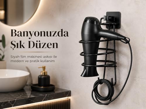 Alternative view of Siyah Kare Fön Makinesi Askısı, Saç Kurutma Makinesi Tutacağı Yapışkanlı, Yapışkanlı ve Vidalı Siyah Fön Makinesi Askısı, Saç Kurutma Makinesi Tutucu, Özel Statik Boyalı Banyo Düzenleyici