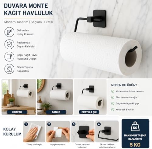 Kendinden Yapışkanlı Kağıt Havluluk ve Rulo Havlu Askısı - Deliksiz Montaj, Paslanmaz Metal, Mat Siyah - Mutfak ve Banyo İçin Duvara Monte Havluluk Aparatı