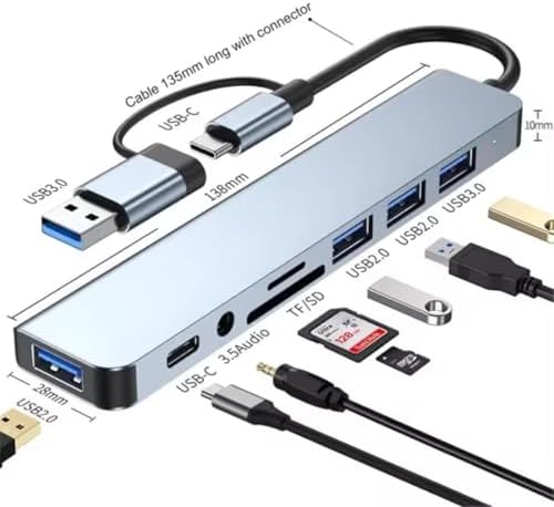 1060 8 in 2 USB-C & USB 3.0 Hub Çoklayıcı USB, Type-C, SD/TF ve Aux Çevirici x USB 3.0: 5Gbps ultra hızlı veri transferi. Klavye, mouse ve yazıcılar için stabil bağlantı.