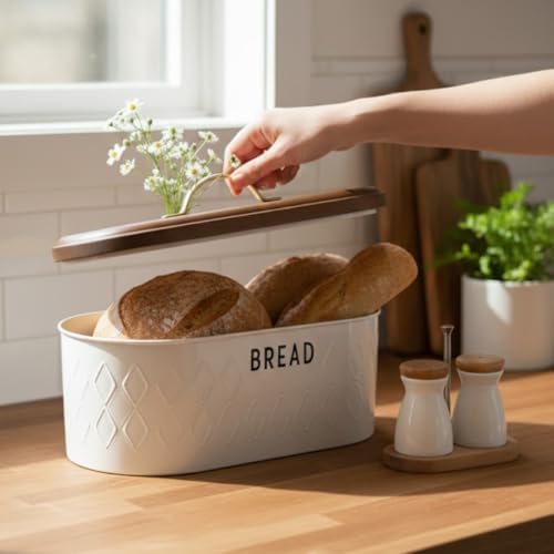 Beyaz Metal Ekmek Kutusu 33x18x18 cm | Ahşap Kapaklı Büyük Hacimli Ekmeklik | Gold Kulplu Modern Mutfak Depolama Kabı | Uzun Süre Taze Saklama