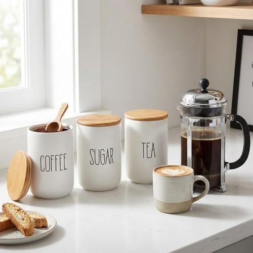 3'lü Bambu Kapaklı Seramik Kavanoz Seti - Vakumlu Çay Şeker Kahve Saklama Kabı - Coffee Sugar Tea Yazılı Beyaz Baharatlık (700 ml) - Görsel 2