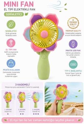 Alternative view of Mini El Fanı USB Şarjlı Type-C Bağlantılı 3 Kademeli Taşınabilir Elektrikli Fan Masaüstü ve El Tipi Kullanım Renk Serinletici Fan Yeşil Sarı Pembe Çiçek