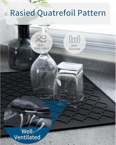 Aputue Bulaşık yıkama matı, 40x30 cm silikon mutfak paspası, kolay temizlenen bulaşık kurutma matı, ısıya dayanıklı sıcak tencere altlığı, tezgah veya lavabo için, buzdolabı ve çekmece astarı (Siyah)