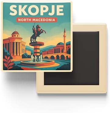 Üsküp Kuzey Makedonya - Makedonya Meydanı - Baskılı Buzdolap Magneti Kare 9x9 cm