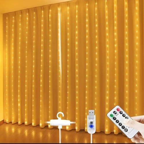 Alternative view of 3x3 Metre Perde Led Işık, 300 Ledli 10 Sarkıtlı Dekoratif Peri Led, Uzaktan Kumandalı ve 8 Fonksiyonlu, USB Girişli Günışığı (Sarı) Duvar ve Perde Aydınlatması