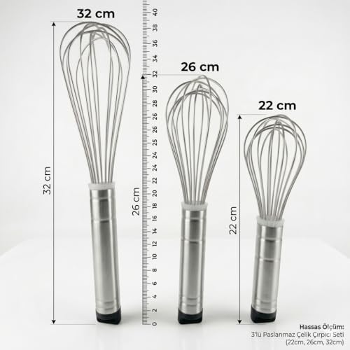 3’lü Paslanmaz Çelik Çırpıcı Seti - (22cm, 26cm, 32cm) Ergonomik Saplı Yumurta ve Sos Çırpma Teli - Mutfak El Tipi Mikser Seti