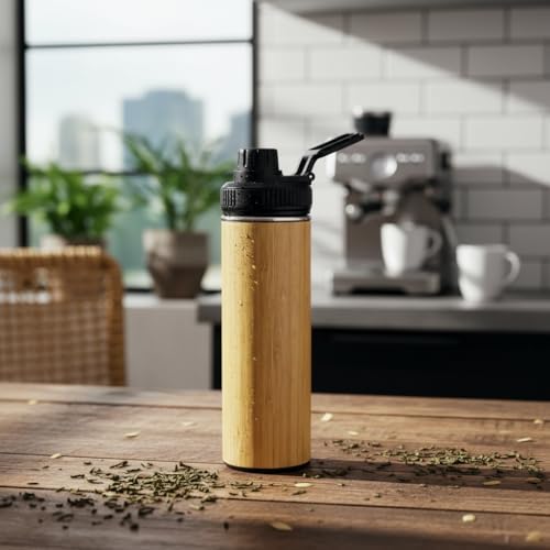 450 ml Bambu Kaplama Tabanlı Mat Siyah Çelik Termos - Sıcak ve Soğuk Tutucu Sızdırmaz Seyahat Bardağı (Mug)
