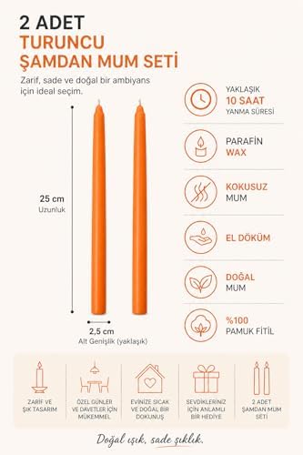 Alternative view of 2’li Şamdan Turuncu Mum Seti 25 cm – Dekoratif İnce Şamdan Mum, Kokusuz Parafin Wax,%100 Pamuk Fitil, El Döküm, Uzun Süre Yanma (~10 Saat), Şık Sofra, Davet, Nişan, Düğün ve Ev Dekorasyonu İçin Zarif