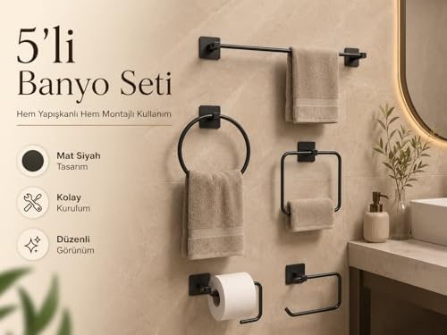 5’li Siyah Banyo Seti, Yapışkanlı ve Vidalı Montajlı, Uzun Havluluk, Halka Havluluk, Kare Havluluk, Solo Havlu Rulo Askısı ve Tuvalet Kağıdı Askısı
