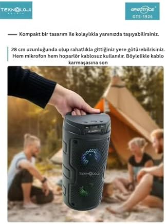 Bluetooth Karaoke Hoparlör, RGB Işıklı, 29 cm, Kablosuz Mikrofonlu, FM Radyo, USB/SD Kart/AUX