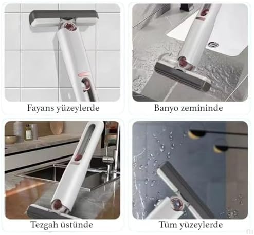 Sıkmalı Mini Mop, Beyaz ve Kırmızı, Kompakt Temizlik Aparatı, Cam Fayans Tezgah Banyo için, Tek Elle Kullanım, Ergonomik Tasarım