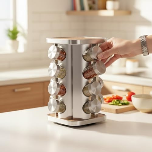 Alternative view of 16’lı Dönen Standlı Baharatlık Seti – Ahşap Detaylı Paslanmaz Çelik Gövde, Cam Baharat Kavanozları, 360° Döner Mutfak Baharat Standı