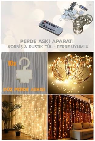 Led Işık 5 Metre Sarı Işık Kornişe Takılabilir Aydınlatma – USB Girişli, Bakır Telli, 10 Halkalı Tasarım, Perde Asma Aparatlı ve Uzaktan Kumandalı Dekoratif Işık Zinciri