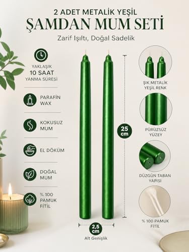 2’li Metalik Yeşil Şamdan Mum Seti 25 cm – Dekoratif İnce Şamdan Mum, Kokusuz Parafin Wax,%100 Pamuk Fitil, El Döküm, Uzun Süre Yanma (~10 Saat), Şık Sofra, Davet, Nişan, Düğün ve Ev Dekorasyonu - Görsel 2