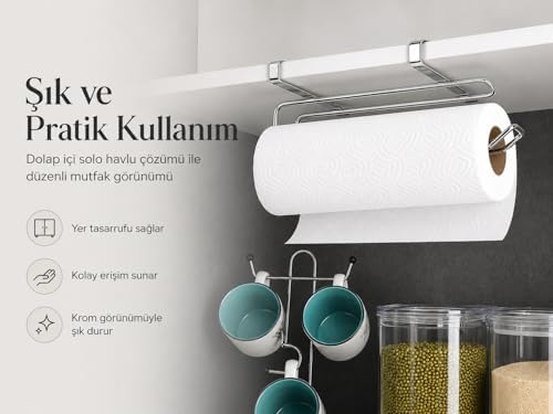 Alper Banyo Pratik Solo Kağıt Havluluk Krom, Dolap İçi Askılı Kağıt Havlu Tutucu, Delmeden Montajlı Mutfak Rulo Havluluk, Paslanmaya Dayanıklı Metal Tasarım