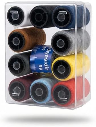 10 Renk Dikiş İpliği Seti (Toplam 1000 Metre) - Kutulu ve Mezura Hediyeli Polyester Makara Seti - Dikiş Makinesi ve El Dikişi İçin Dayanıklı ve Renkli İplik Kiti