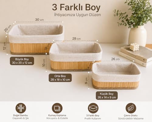 Bambu Organizer Sepet 3’lü Set – Kumaş Kaplı Dekoratif Saklama Kutusu, Çok Amaçlı Düzenleyici (Banyo, Mutfak, Dolap) - Görsel 3