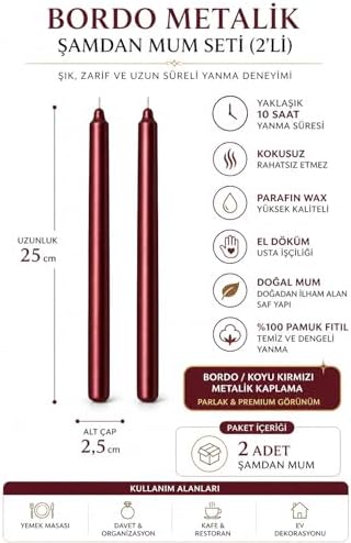 Alternative view of 2’li Bordo/Koyu Kırmızı Metalik Şamdan Mum Seti 25 cm – Dekoratif İnce Şamdan Mum, Kokusuz Parafin Wax,%100 Pamuk Fitil, El Döküm, Uzun Süre Yanma (~10 Saat), Şık Sofra, Davet, Nişan, Düğün