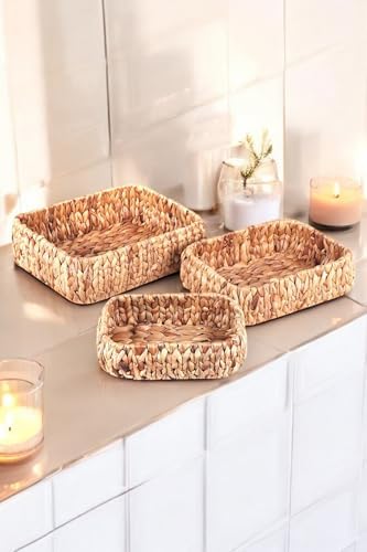 Doğal El Yapımı, Kare Bombeli Düzenleyici 3'lü Hasır Sepet - 32cm-28cm-24cm 3 Boy Set