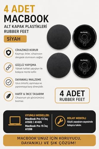 Alternative view of MacBook Pro A1425 A1502 A1398 uyumlu alt kapak rubber feet 4 adet kauçuk ayak seti kaydırmaz yüzey kolay montaj titreşim önleyici uzun ömürlü yedek parçaSiyah