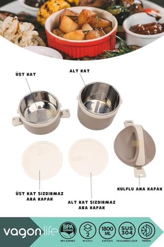 1800ml Lunchbox 2 Katlı 4-6 Saat Sıcak/Soğuk Termos Özellikli Çelik Sefer Tası Yemek Kutusu (Kahverengi)