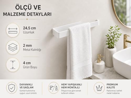 Beyaz Lamalı Havlu Askısı, Paslanmaz Çelik Banyo Havluluğu, Hem Yapışkanlı Hem Vidalı Montajlı, Duvar Tipi Modern Havlu Barı - Görsel 3