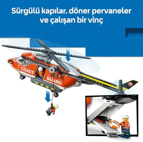 City Sahil Güvenlik Helikopteri 60503 – 7 Yaş ve Üzeri Çocuklar için Pilot, Sivil, 2 Sahil Güvenlik Görevlisi ve Köpekbalığı Minifigürü İçeren Oyuncak Yapım Seti, Hediye Fikri (551 Parça) - Görsel 3