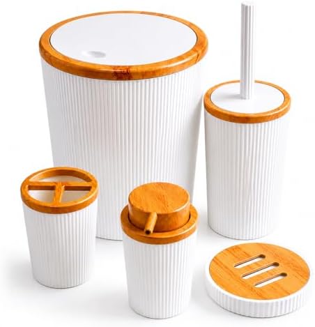 Beyaz Bambu Desenli 5 Parça Banyo Seti, Çöp Kovası, WC Fırçalık, Sıvı Sabunluk, Diş Fırçalık ve Sabunluk - Görsel 3