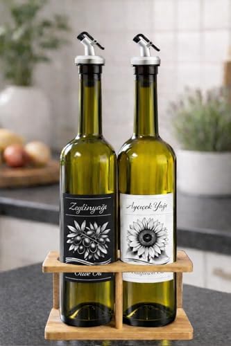 Zeytinyağı ve Ayçiçek Yağı Şişesi Seti, Beyaz Etiket ve Yağdanlık Aparatlı, Korumalı Ahşap Standlı 750 ml, 2 Adet, Yeşil Cam Şişe (Korumalı Standlı, Gri) - Görsel 3