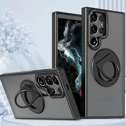 Galaxy S24 ile uyumlu Kılıf 360° Dönen MagStand Kılıf Yüzüklü Parmak Geçmeli Stand olabilen 2mm Çıkıntı Kamera Koruma MagSafe ile uyumlu Matte Ring Kapak Black - Görsel 2