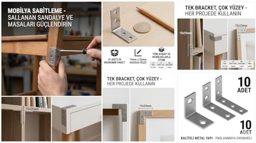 15x25 mm L Masa Gönye 10 Adet - Paslanmaz Çelik Köşe Birleştirici ve Mobilya Sabitleyici - Küçük Boy Metal Köşebent L Braket Seti