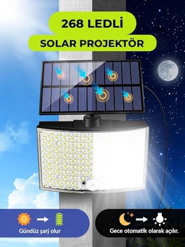 268 LED'li Solar Projektör 60W Güneş Enerjili 5 Mt Kablo Sensörlü Kumandalı HeroLed Dış Mekan Aydınlatma IP65