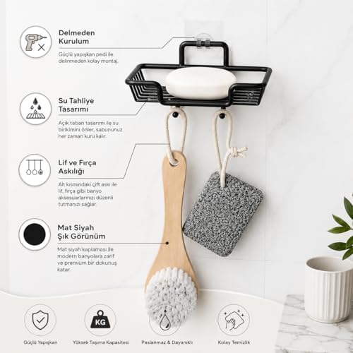 Yapışkanlı Siyah Sabunluk ve Lif Askılık, Delmeden Montajlı Banyo Sabun Rafı, Çift Askılı Mat Siyah Banyo Düzenleyici