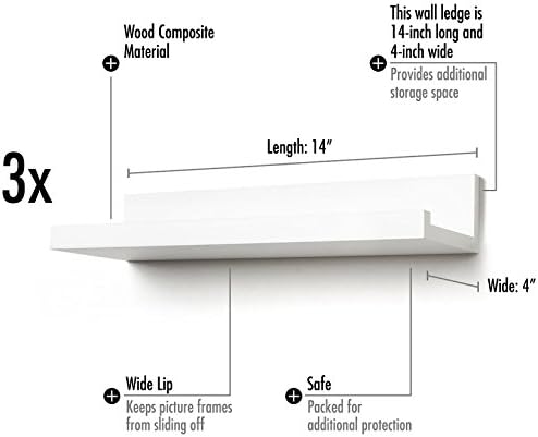 35,6 cm asılı raf seti, 3'lü beyaz, kompozit ahşap, duvara monte edilmiş saklama rafları, yatak odası, oturma odası, banyo, mutfak, ofis ve daha fazlası için, 14 inç (3 adet)