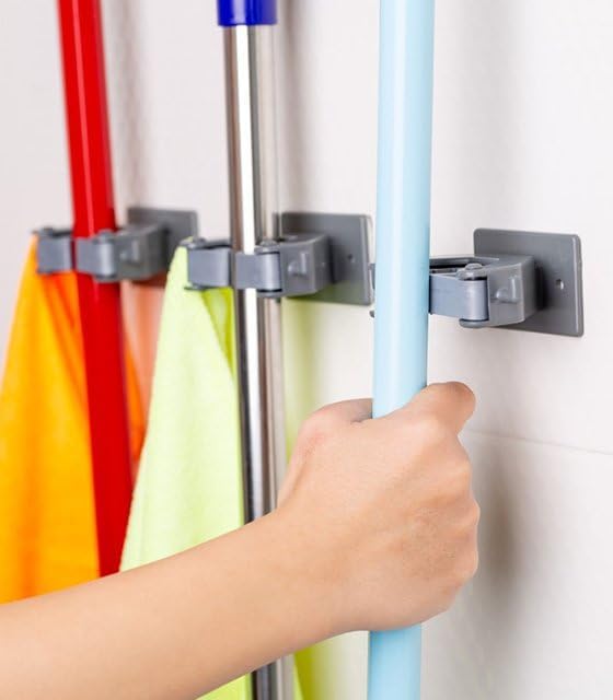 HAPPENS Çok Amaçlı Paspas, Süpürge, Fırça ve Mop Askısı, Duvar Montajlı Sap Tutucu, Mutfak ve Banyo İçin, Gri & Beyaz, 3'lü Set